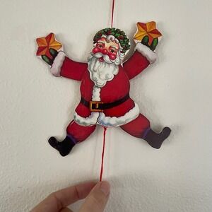 Vtg Pull Cord Santa Claus Christmas Ornament Wooden Door Hanger Wall Art‎ Decor